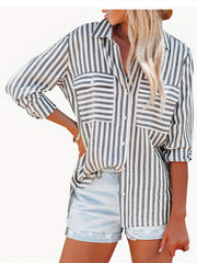 Women's Plus Stripe Print Button Up Long Sleeve Blouse