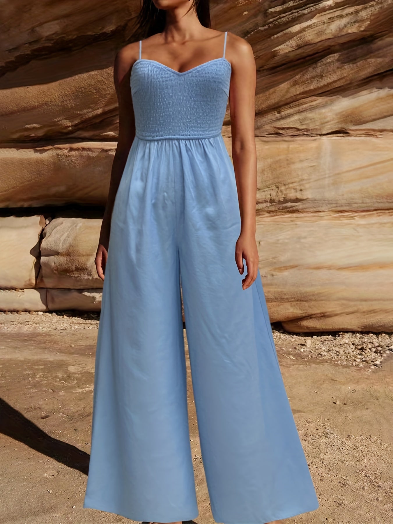 Solid Spaghetti Wide Leg Jumpsuit Backless