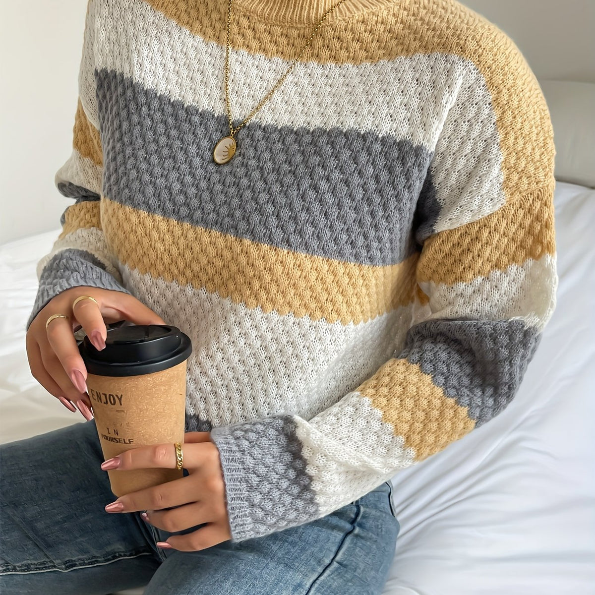 Striped Print Crew Neck Sweater for Fall & Winter