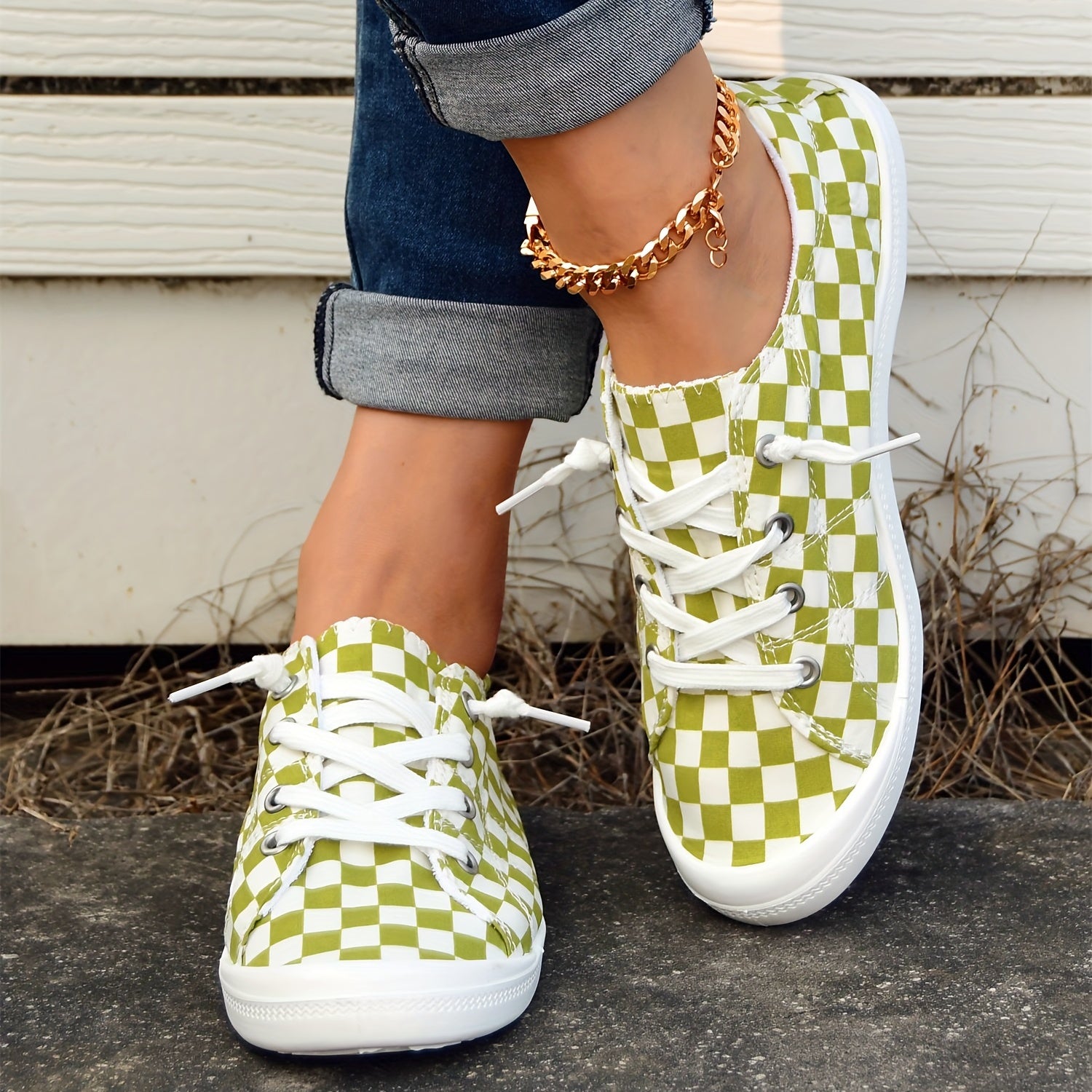 Women's Green Grid Lace Up Shoes Comfy & Lightweight Canvas Shoes