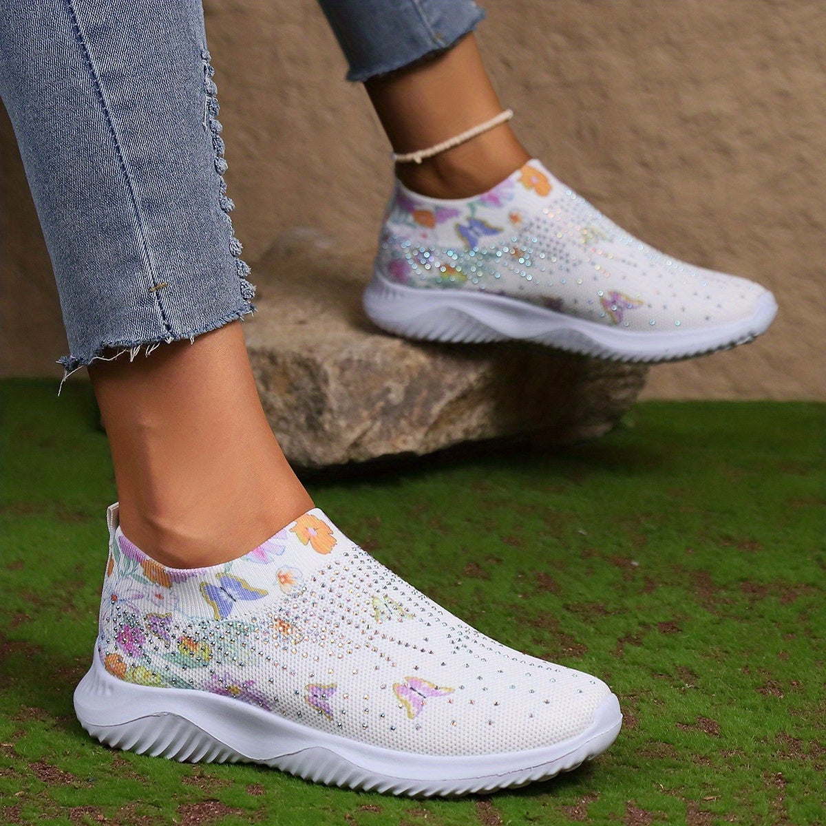 Floral Butterfly Pattern Sneakers Low Top Slip On Knit Sock Shoes