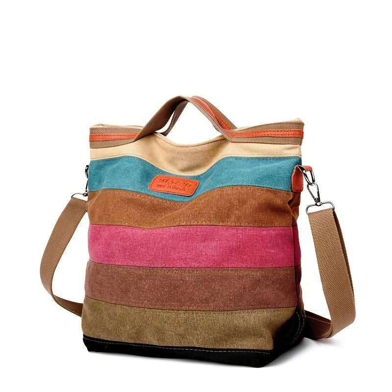 Rainbow Canvas Tote Bag Vintage Stitching Shoulder Bag