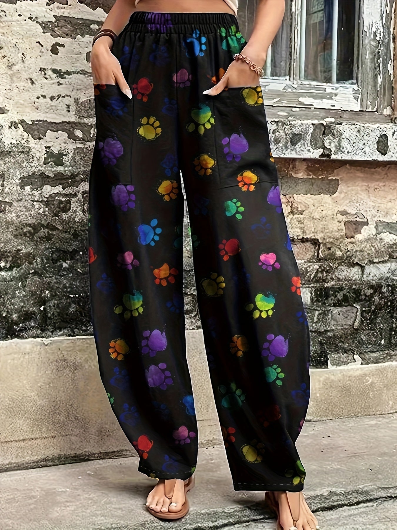 Women's Plus Colorful Paw Print Loose Fit Trousers With Pockets