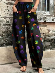 Women's Plus Colorful Paw Print Loose Fit Trousers With Pockets