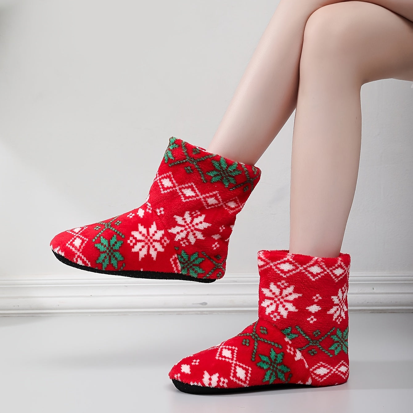 Snowflake Pattern Fuzzy Slipper Boots Christmas Plush Lined Shoes