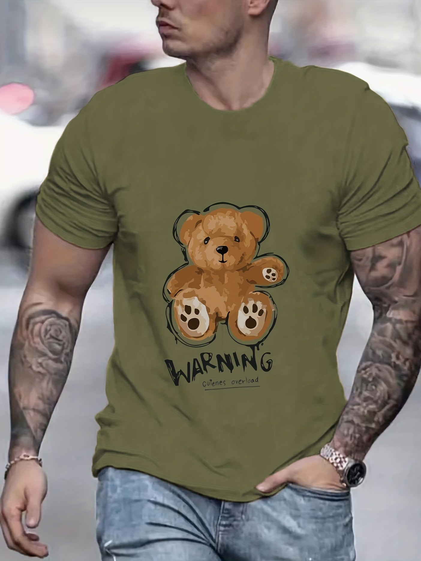 Teddy Bear Print Men's Graphic Crew Neck Tshirt for Summer Vacation