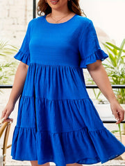  Solid Short Sleeve Ruffle Trim Smock Dress