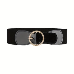 Wide PU Belt with Round Buckle Elastic Waistband