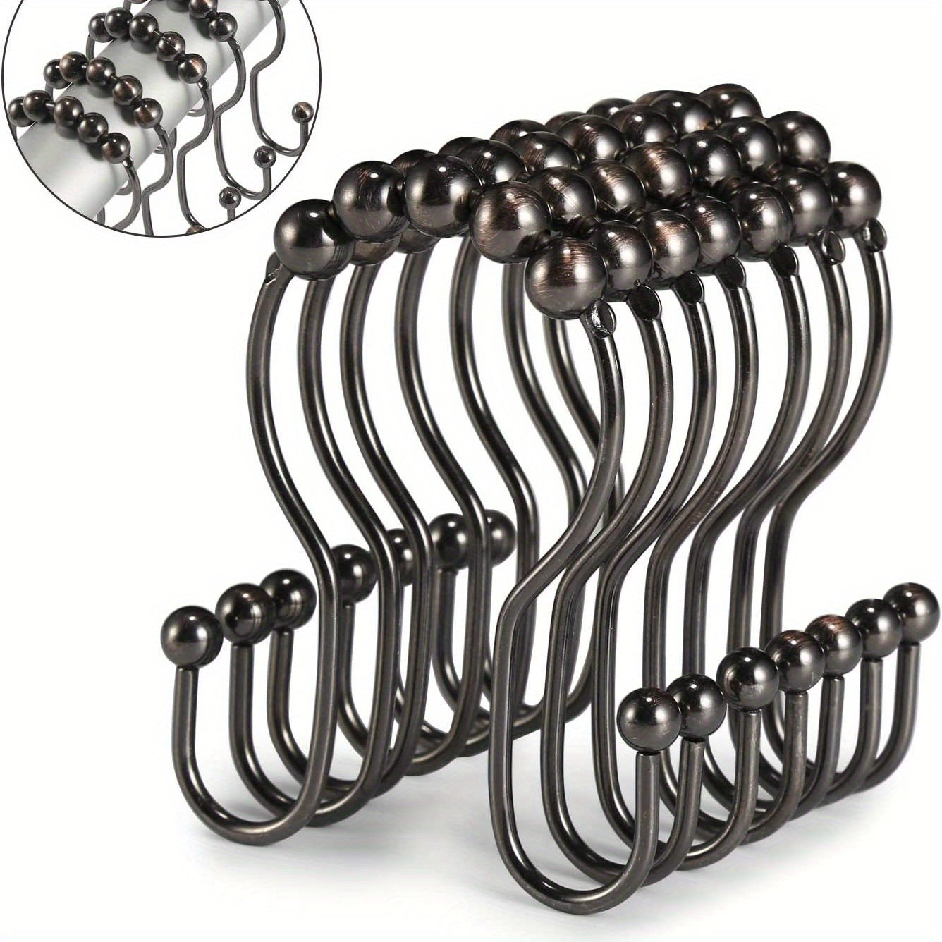 12pcs Stainless Steel Shower Curtain Rings Anti Drop Double Hooks