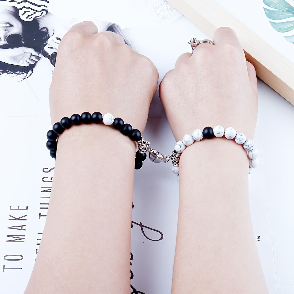 Crackle Beaded Bracelet Set Magnetic Heart Pendant Matte Beaded Couples Bracelet