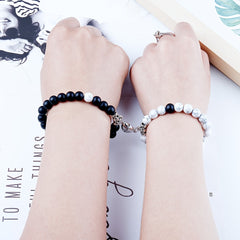Crackle Beaded Bracelet Set Magnetic Heart Pendant Matte Beaded Couples Bracelet