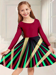 Girls Splicing Long Sleeve Dress Crew Neck Christmas Party Gift