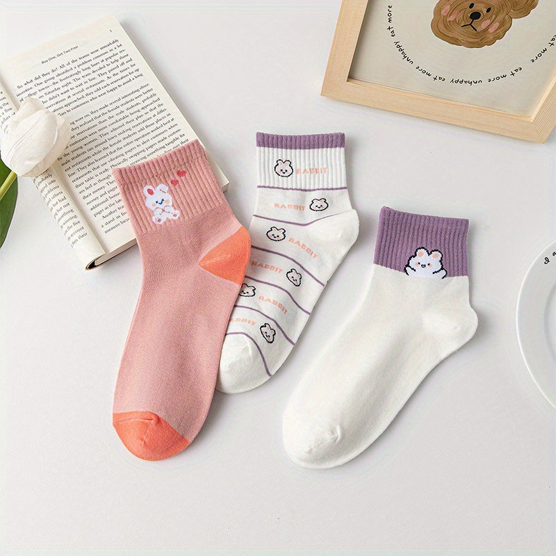 3 Pairs Cartoon Animal Print Socks Comfy Crew Short Women's Stockings Hosiery