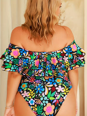  Floral Print Ruffle Trim One Piece Swimsuit