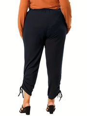  Solid Elastic Ruched Crop Trousers With Pockets
