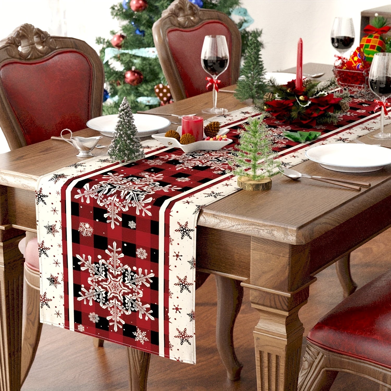 Snowflake Plaid Table Runner Festive Christmas Decor for Home & Parties