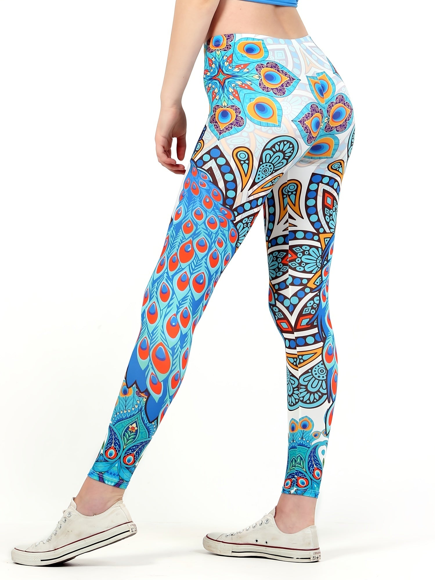 Peacock Print High Waist Leggings Elastic Bottoms Women's Clothing