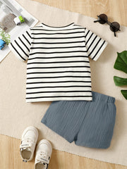 2pcs Little Boy Casual Striped Tees & Shorts Set Summer Kids Clothes