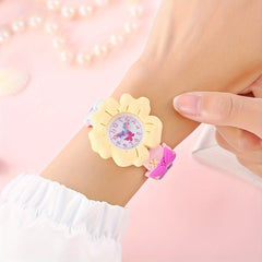 Girls' 3D Flower & Butterfly Cartoon Watch Soft Silicone Band Quartz Movement