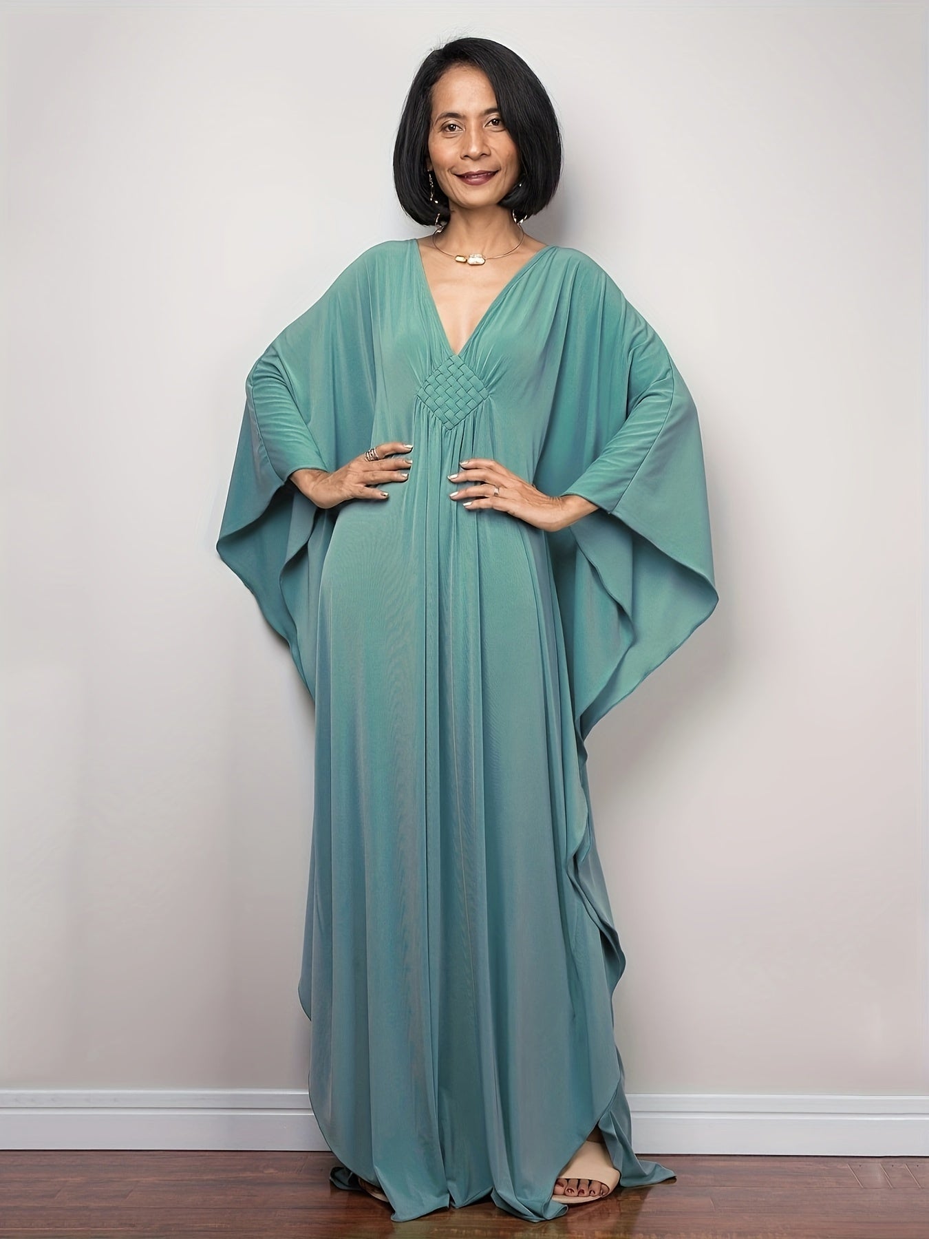 Boho Cover Up Plus Size Solid Batwing Sleeve V Neck Beach Dress