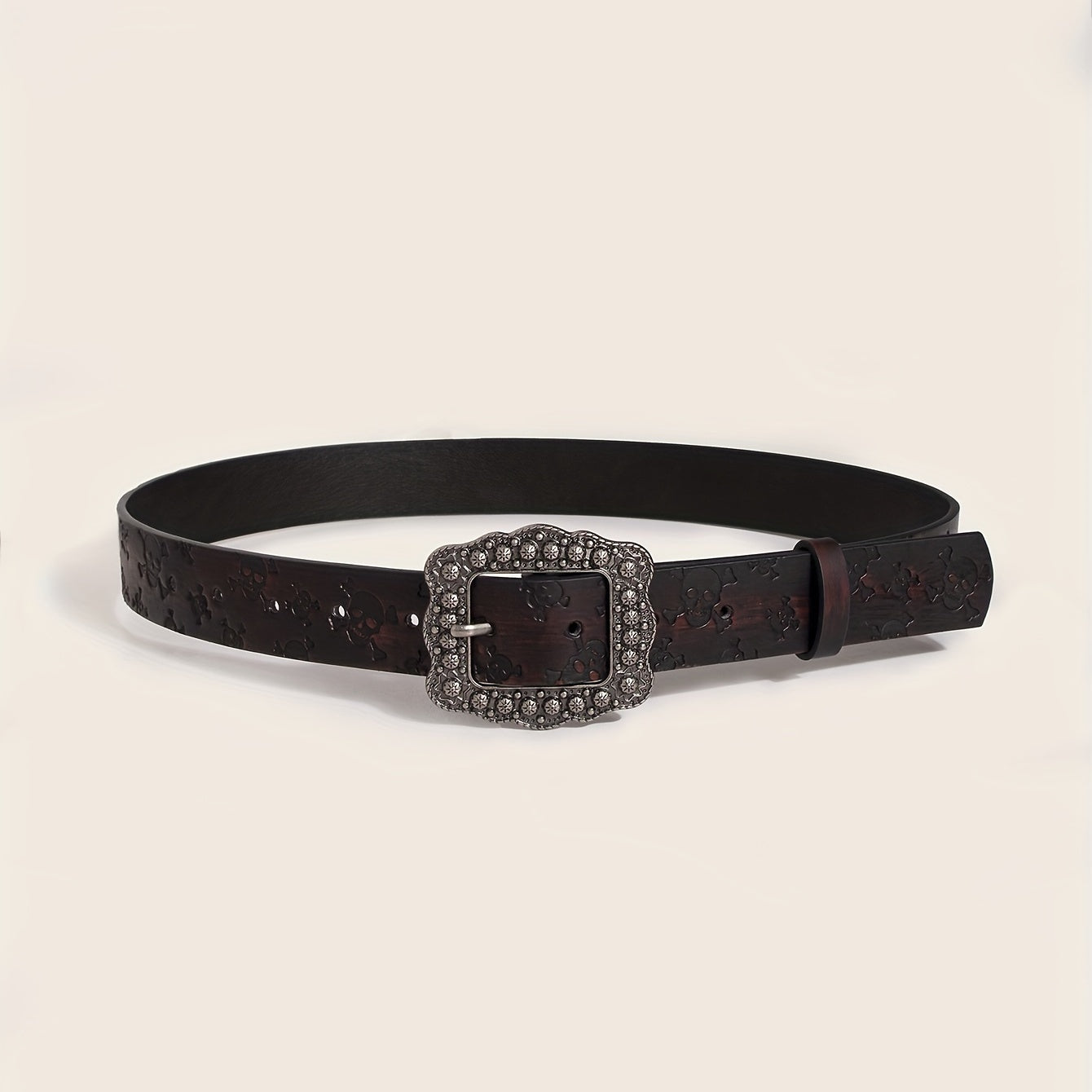Vintage Carved Buckle Brown Belt Skull Pattern Embossed PU Leather Belt