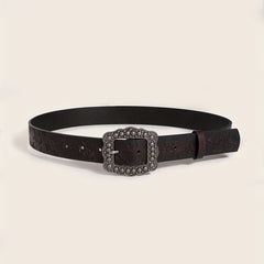 Vintage Carved Buckle Brown Belt Skull Pattern Embossed PU Leather Belt