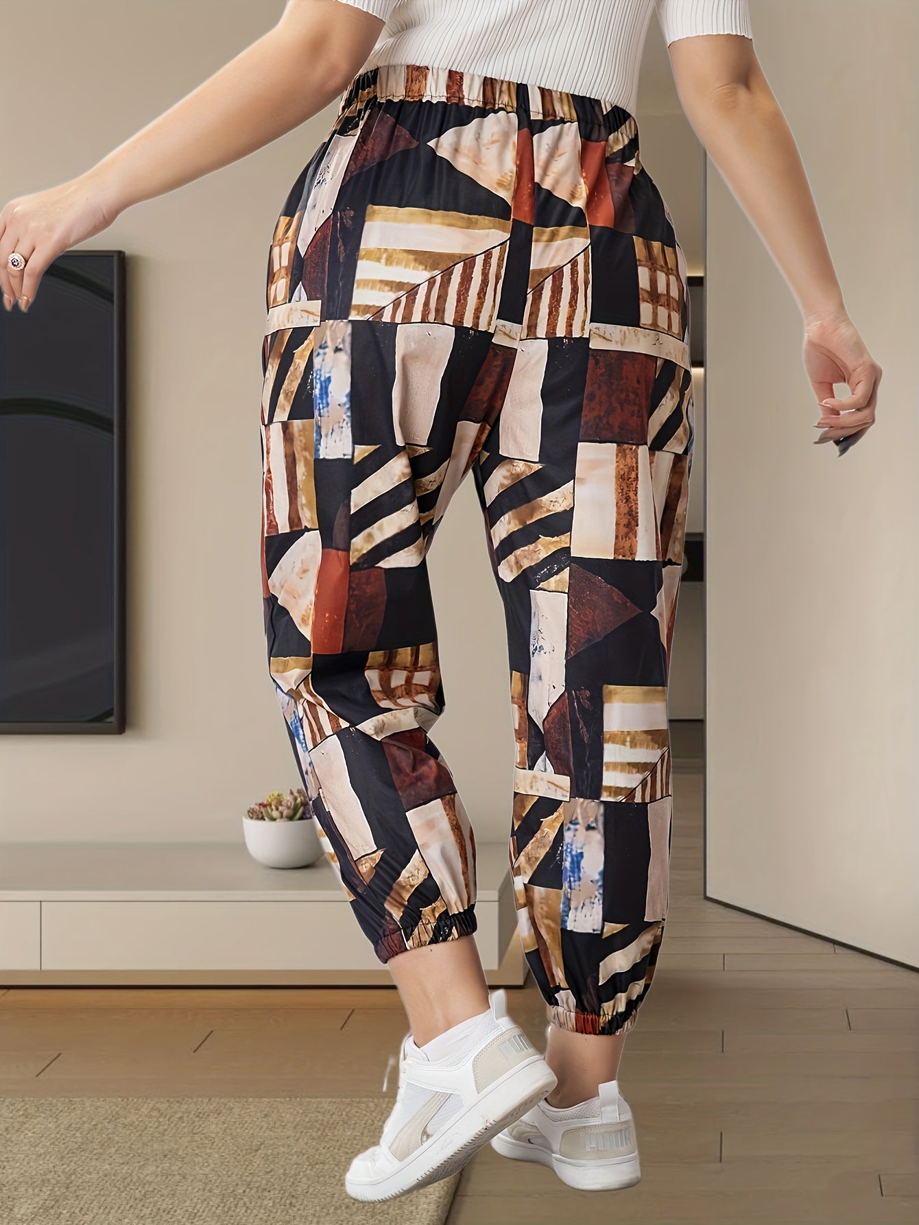  Colorblock Print Elastic Tapered Leg Pants