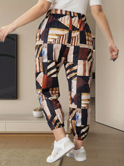  Colorblock Print Elastic Tapered Leg Pants