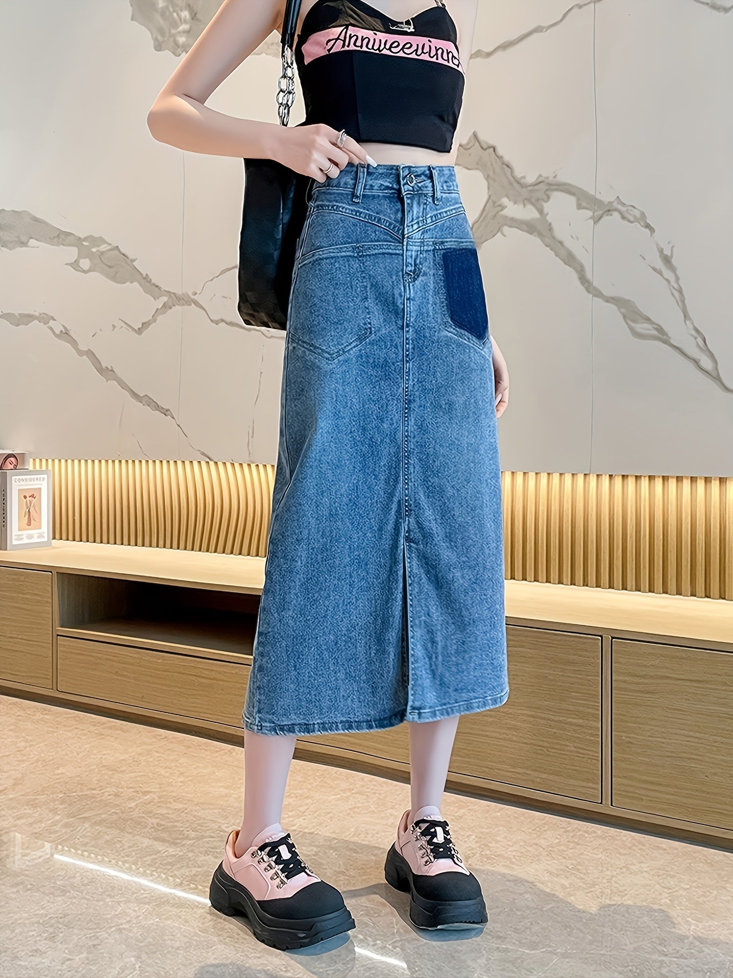 High Waist Denim Midi Skirt A Line Mid Stretch High Rise Versatile