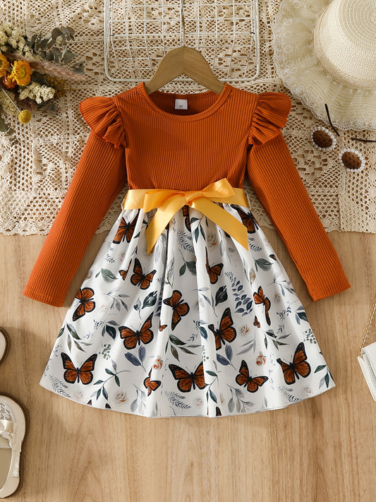 Girls' Butterfly Graphic Ribbed Long Sleeve Dress