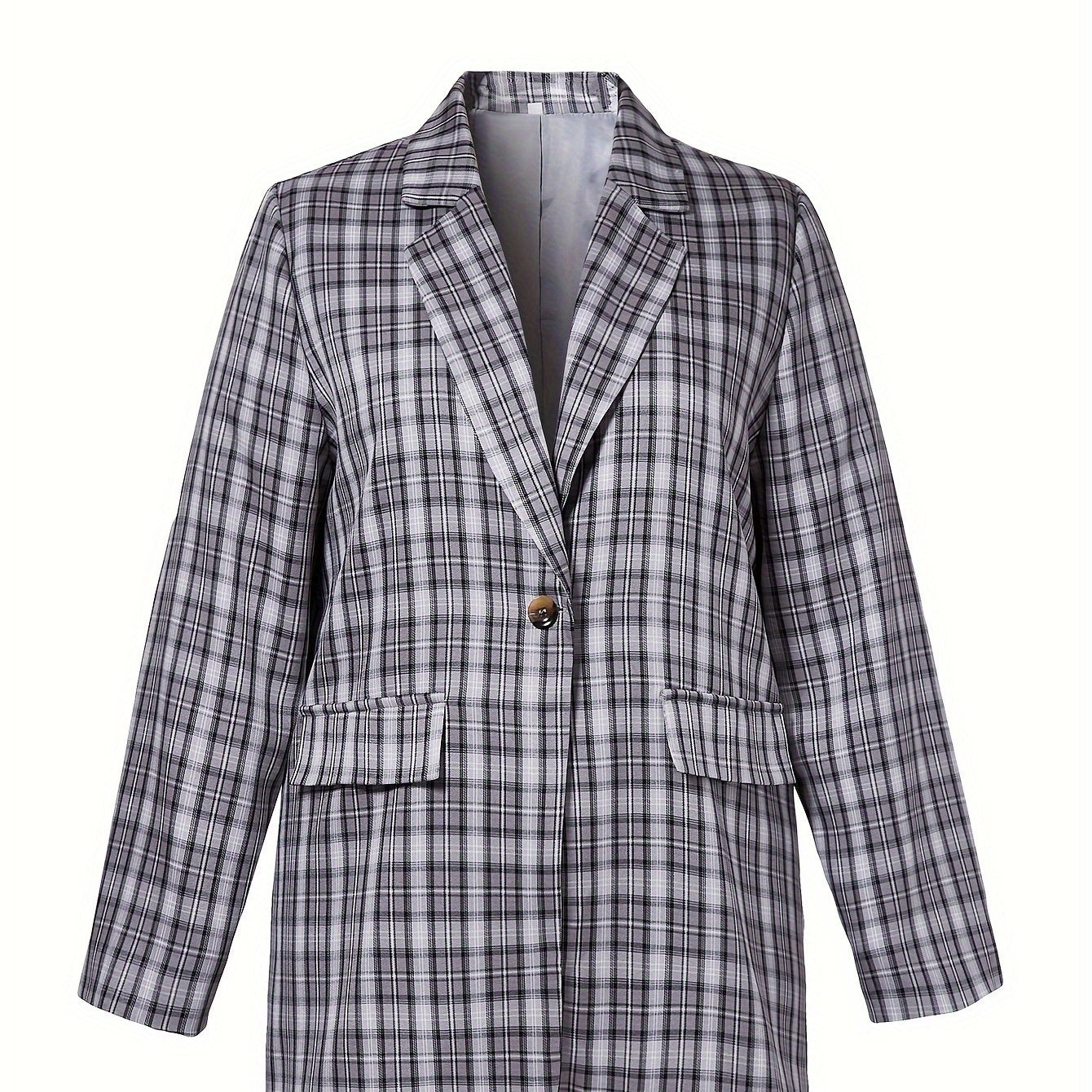  Plaid Print Long Sleeve Lapel Collar Blazer