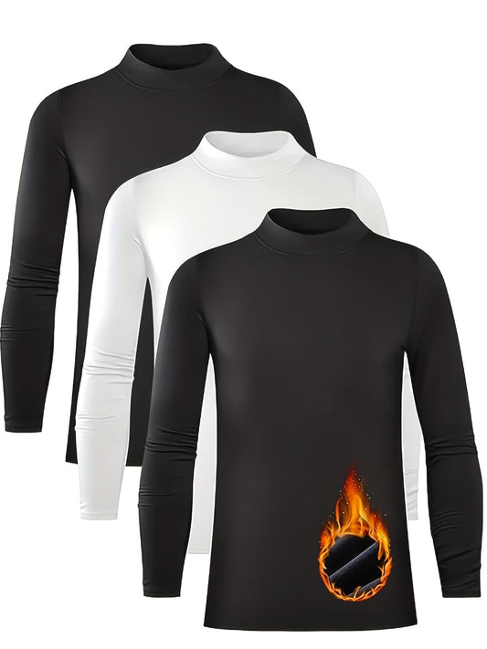 3pcs Kids' Warm Compression Shirt Mock Neck Top Long Sleeve Athletic Bottom