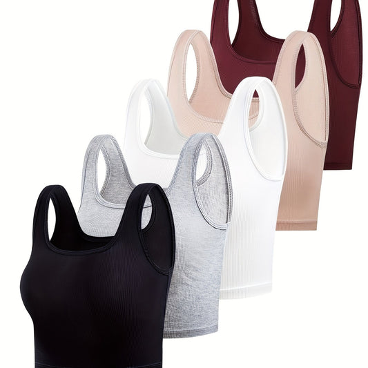 5pcs Solid Ribbed Tank Tops Sleeveless Crew Neck Women's Lingerie