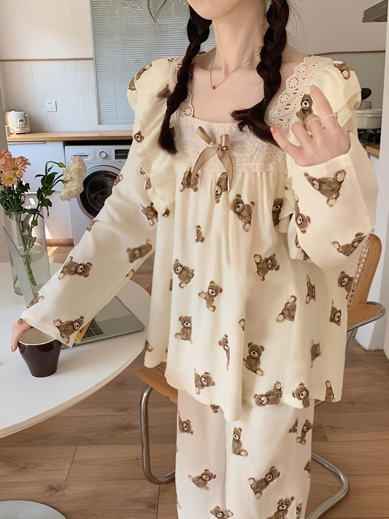 Teddy Bear Print Pajama Set Long Sleeve Square Neck Top & Lounge Pants