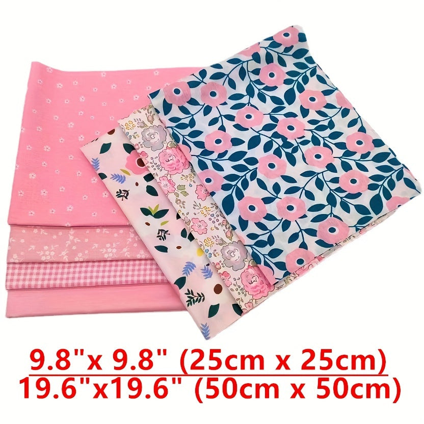 Pink Floral Cotton Twill Print Fabric DIY Patchwork 7 Pieces