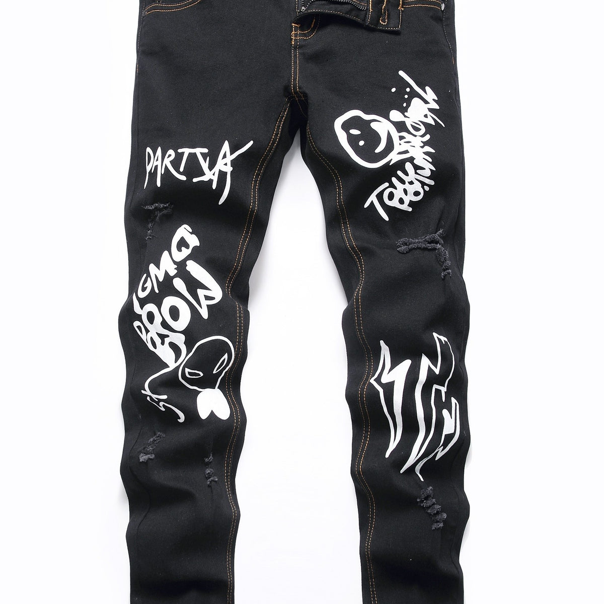 Boys Graffiti Letter Print Jeans Skinny Slim Fit Washed Denim Long Pants