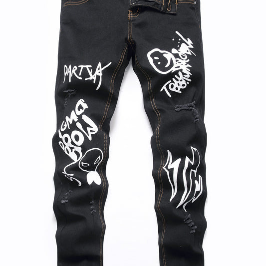 Boys Graffiti Letter Print Jeans Skinny Slim Fit Washed Denim Long Pants