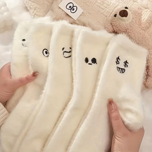 5 Pairs Women's Embroidered Plush Mid Calf Socks