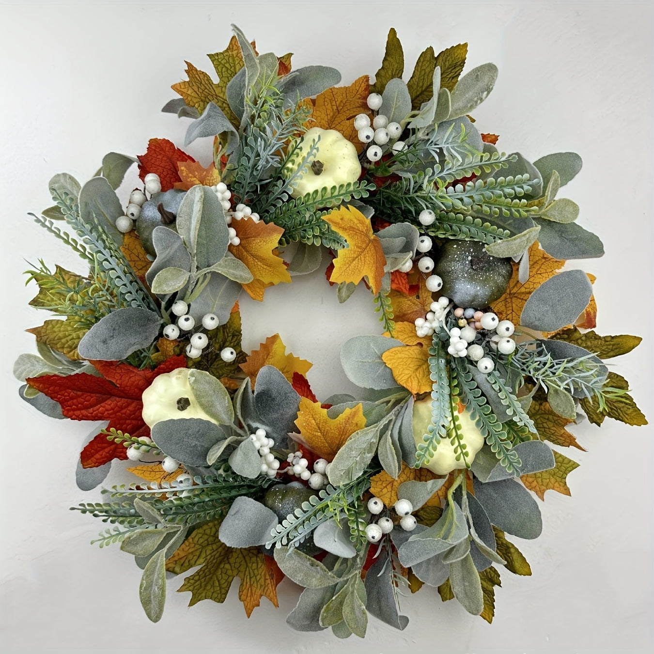 Frosted Leaf Pumpkin Wreath for Halloween, Thanksgiving, Christmas