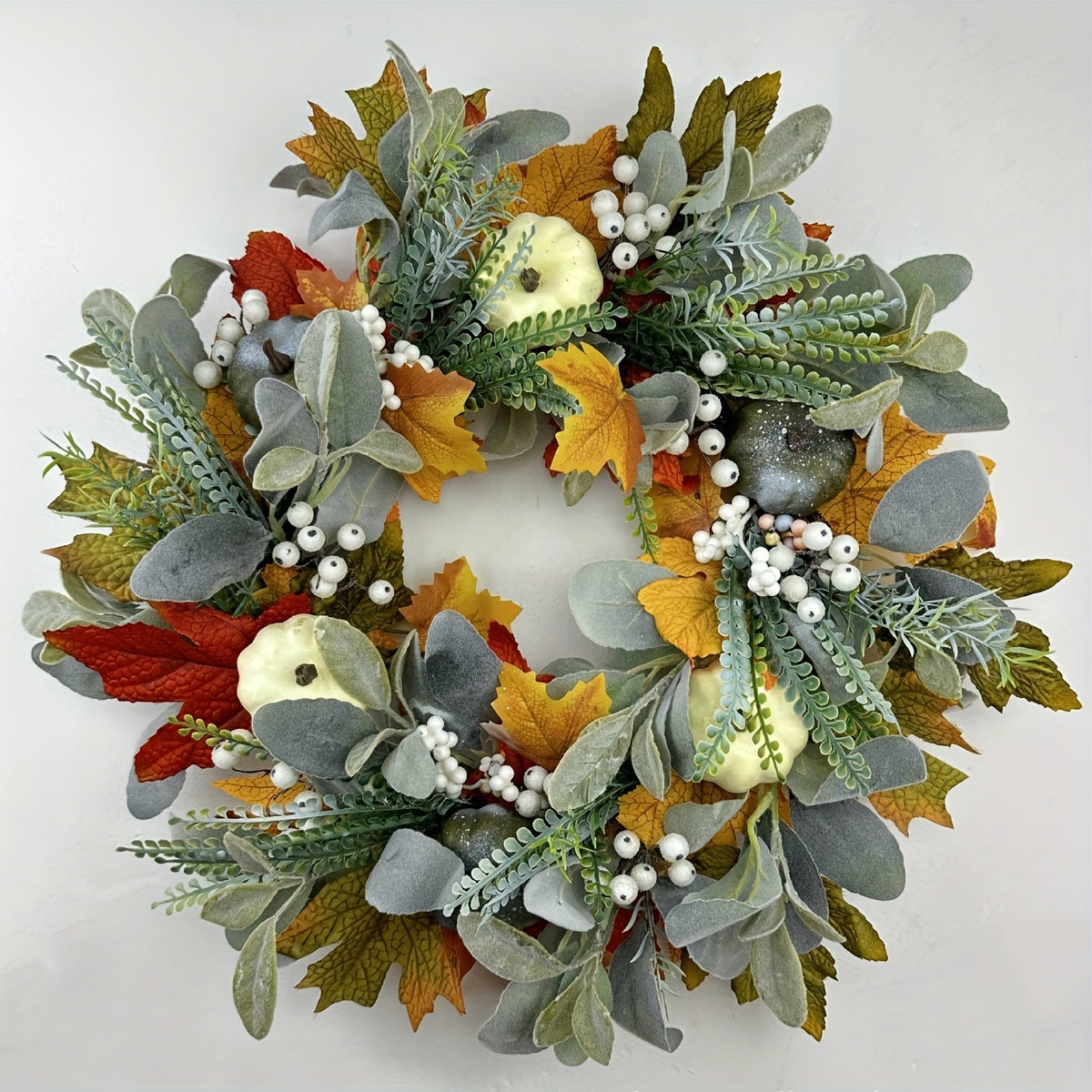 Frosted Leaf Pumpkin Wreath for Halloween, Thanksgiving, Christmas
