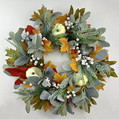 Frosted Leaf Pumpkin Wreath for Halloween, Thanksgiving, Christmas