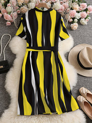  Women's Stripe Print Notched Neck Cap Sleeve Mini Dress