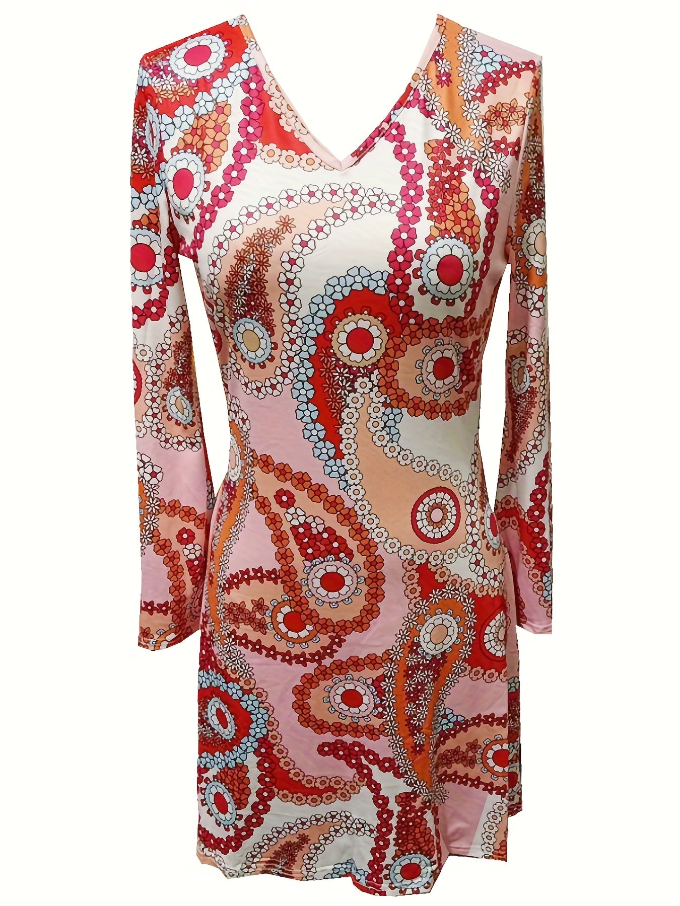 Paisley Print Vintage V Neck Long Sleeve Dress Women's Clothing