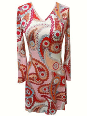 Paisley Print Vintage V Neck Long Sleeve Dress Women's Clothing