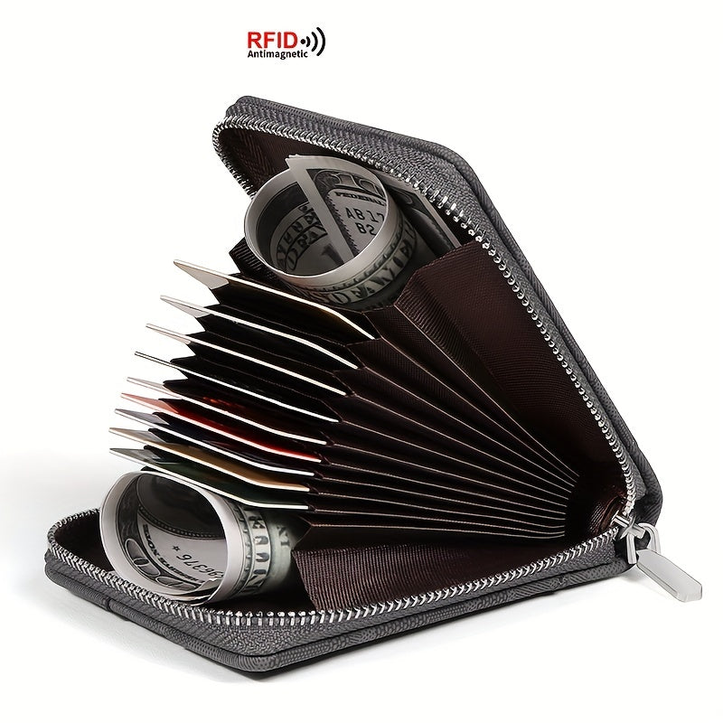 RFID Blocking Zipper Card Holder Short Wallet Leather Large Capacity