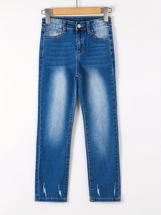 Girls' Stretch Straight Leg Jeans Slightly Frayed Denim Trousers