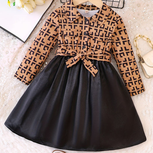 Girls' Geo Print Stitching Dress for Autumn Spring