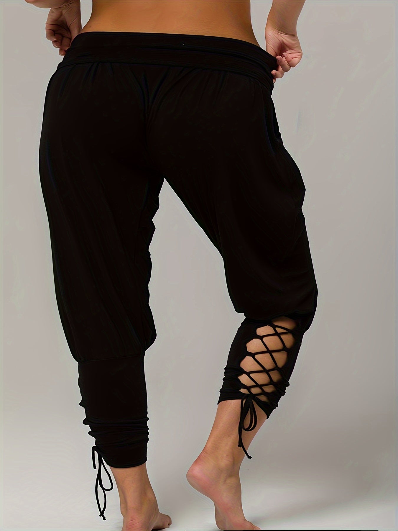  Casual Pants Women's Plus Plain High Rise Lace Up Medium Stretch Pants