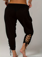  Casual Pants Women's Plus Plain High Rise Lace Up Medium Stretch Pants