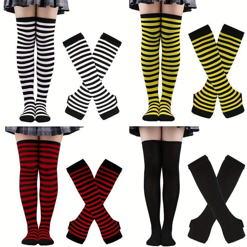 Fashionable Striped Arm Sleeve & Thigh High Socks Set for Cosplay, Parties
